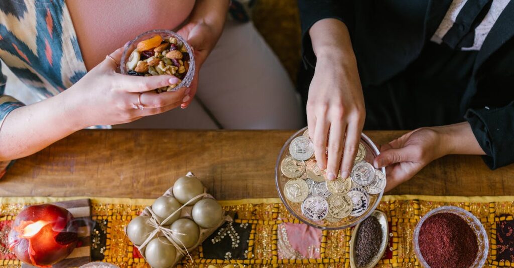 pexels-photo-7157630-7157630 Top view of a decorated Haft-Sin table during Nowruz celebration with nuts and coins.