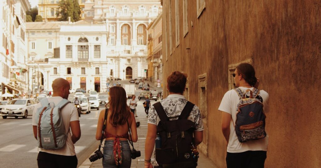 Four tourists with backpacks walking on a street in Rome, Italy, with historic architecture around.