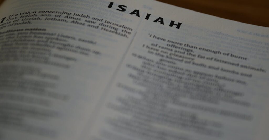 A detailed close-up of the Book of Isaiah in the Bible highlighting scripture text.