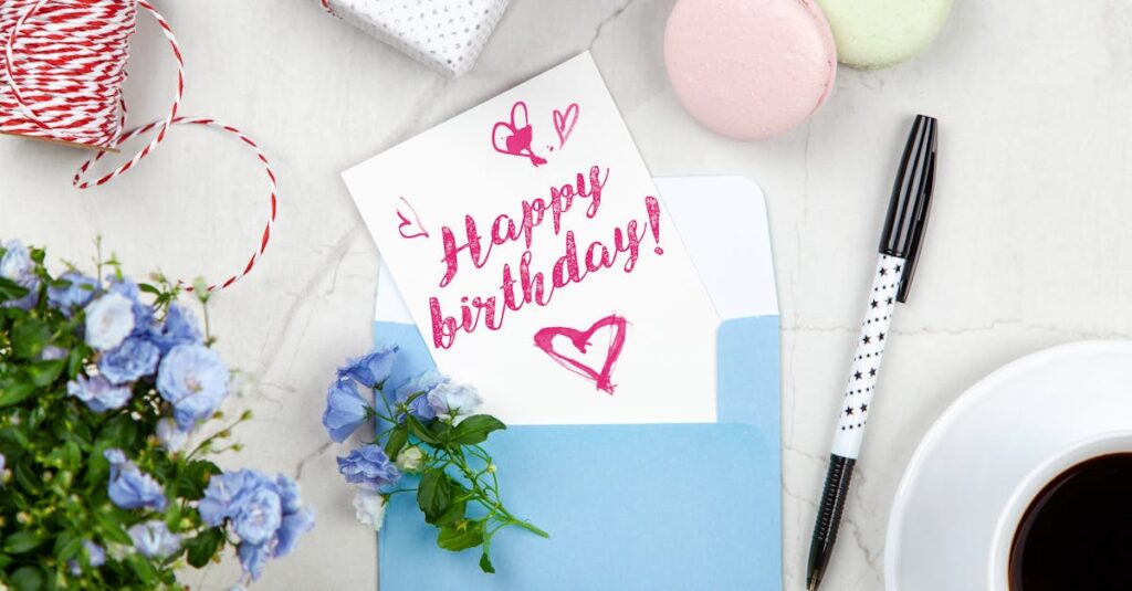 pexels-photo-2072153-2072153 Celebratory birthday setup with a card, flowers, and coffee on a desk.