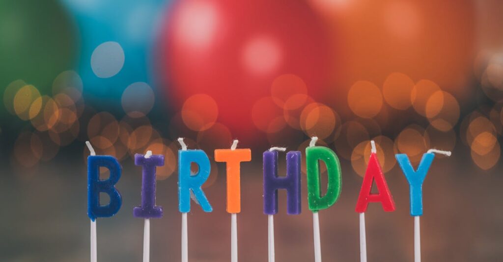 Vibrant birthday candles spelling "BIRTHDAY" against a festive, blurred background.