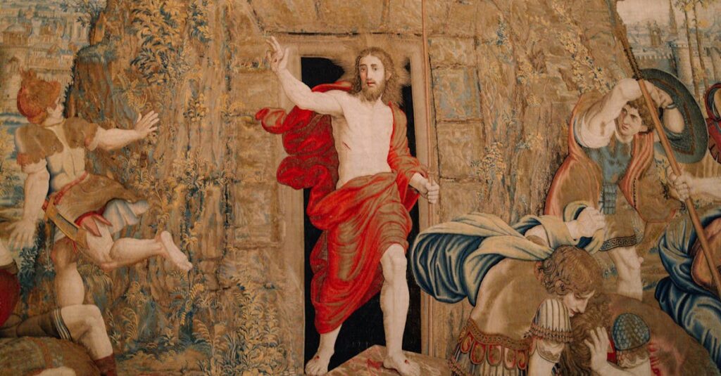 Intricate tapestry of the Resurrection of Christ in Vatican City's museum.