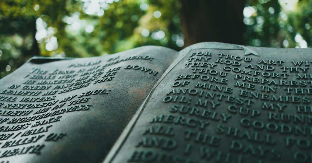 Detailed view of a stone monument with engraved text against a forest backdrop.