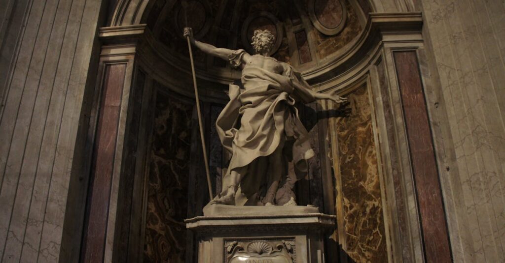 Intricate stone sculpture in a grand indoor setting, showcasing artistic craftsmanship.