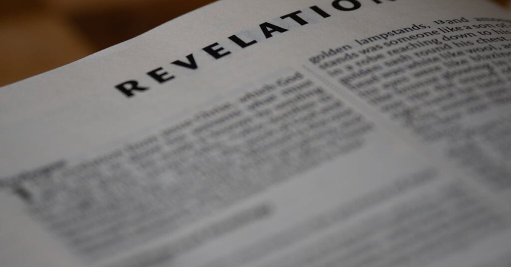 A close-up shot of the Book of Revelation from the Bible, emphasizing text.