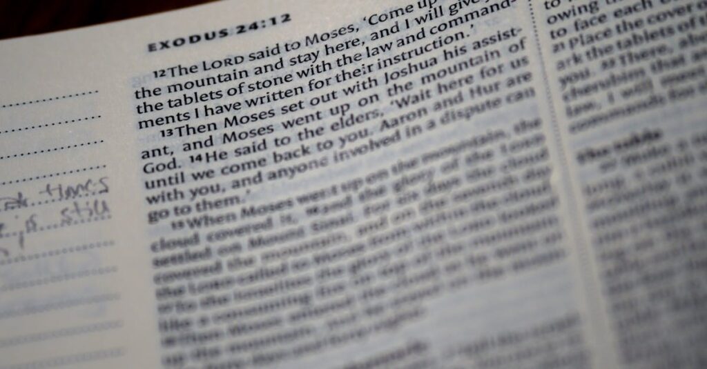 Close-up of an open Bible displaying text from Exodus 24:12.