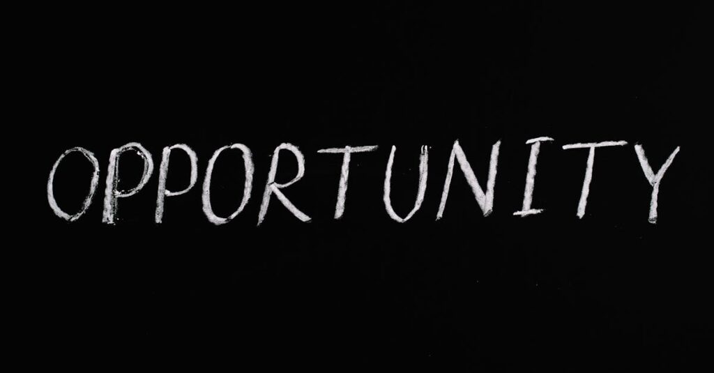 Word 'Opportunity' written in chalk on a black chalkboard, symbolizing new possibilities.