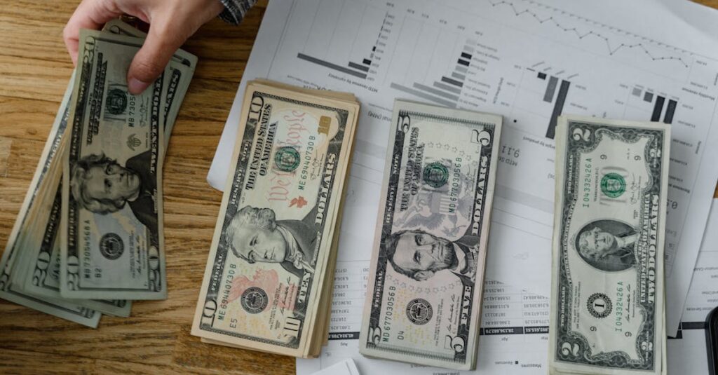 Person holds US dollars over financial papers, showing income or budget analysis.