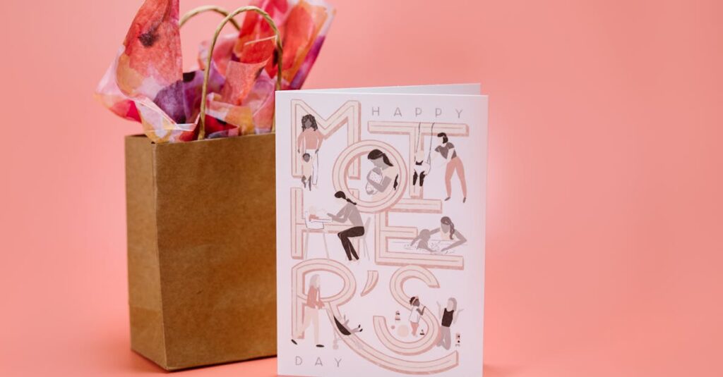 Elegant Mother's Day card with gift bag on a pink background. Perfect for celebrating mom.