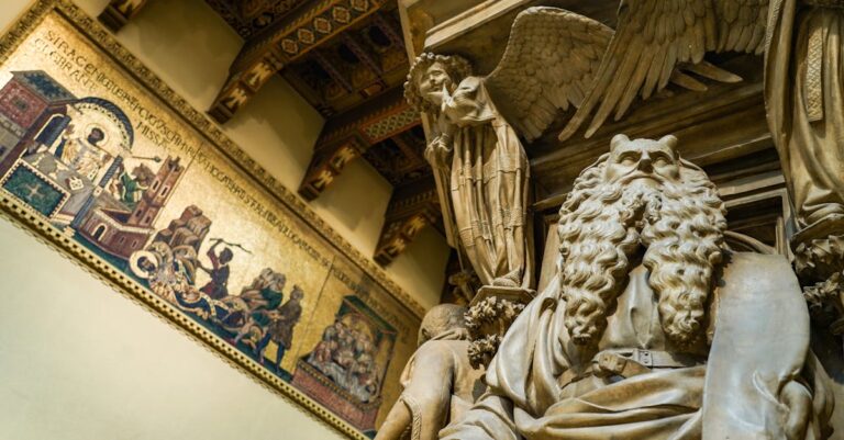 Explore marble sculptures and religious mosaics in a historic cathedral with detailed architectural elements.