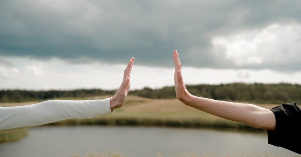 Two arms reaching out for a high five, symbolizing connection and distance in a natural setting.