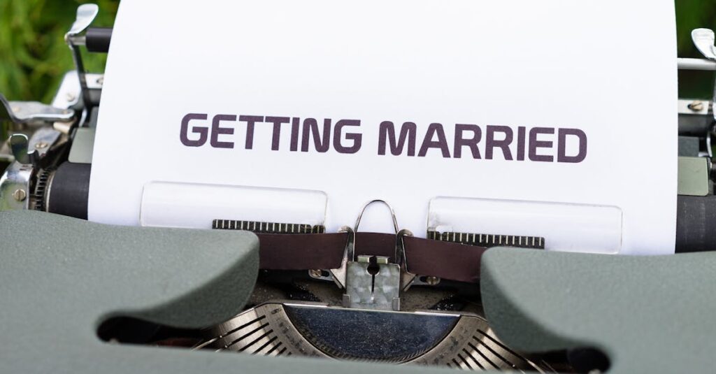 Close-up of a vintage typewriter with 'Getting Married' typed on paper, symbolizing romance.