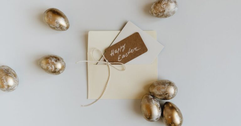 A minimalist Easter greeting card with gold eggs on a white surface, perfect for festive decor.