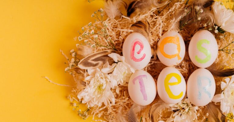 Vibrant Easter eggs with colorful letters and floral decoration on a yellow background.