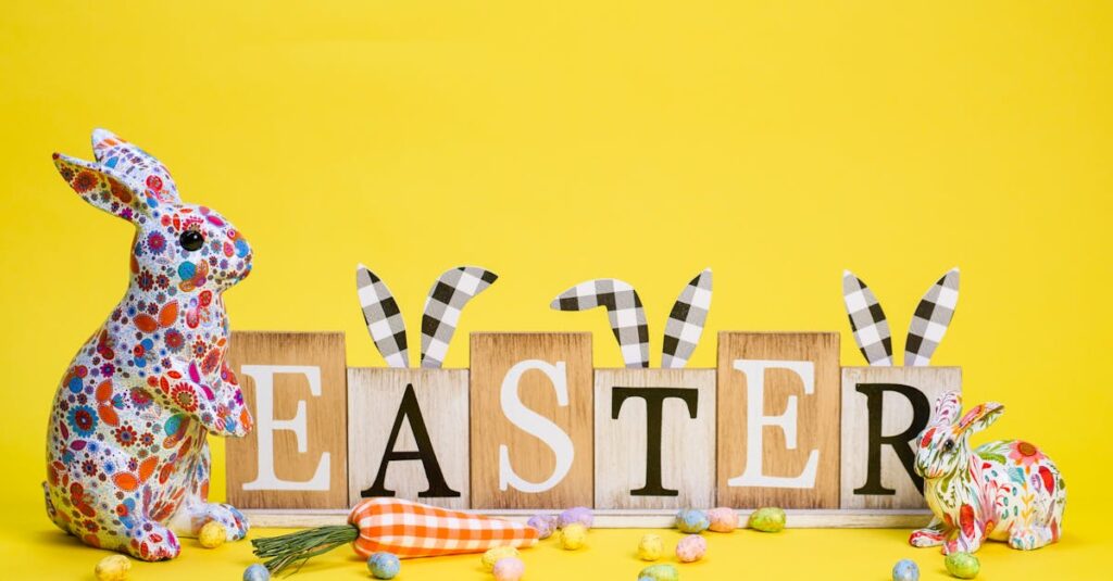 Colorful Easter bunnies and eggs on a bright yellow background create a festive vibe.