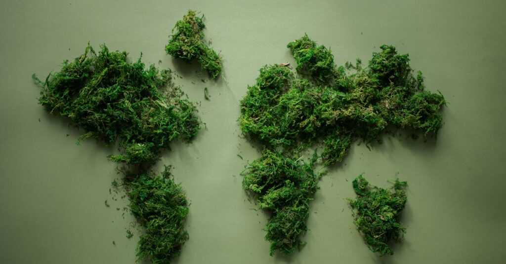 Creative arranged green world continents made of natural dense fresh verdant plants placed on green background in modern light studio