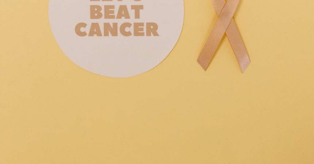 Yellow ribbon symbolizing cancer awareness on a simple background.