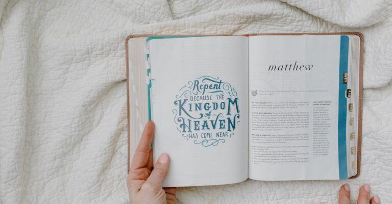 Open Bible with focus on Matthew passage and text 'Repent'. Hands showing, resting on a quilt.