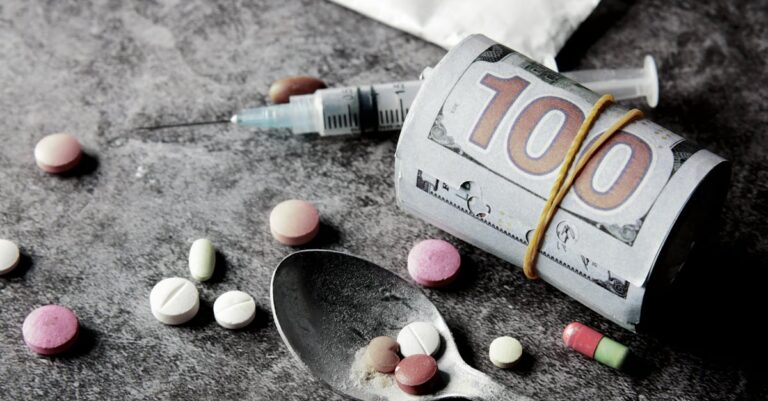 Symbolic representation of drug addiction and financial cost with pills and money.