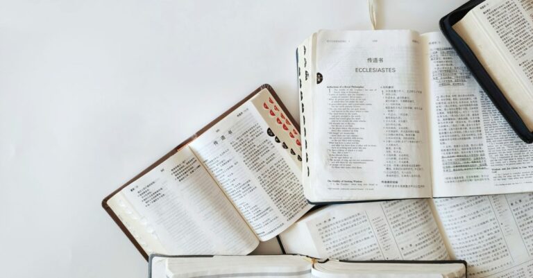 Multiple Bibles open on a white background showing text from Ecclesiastes in different languages.