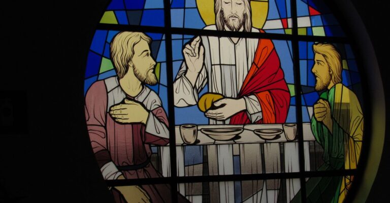Vivid stained glass depicting a scene from the Last Supper in Cordeirópolis, Brazil.