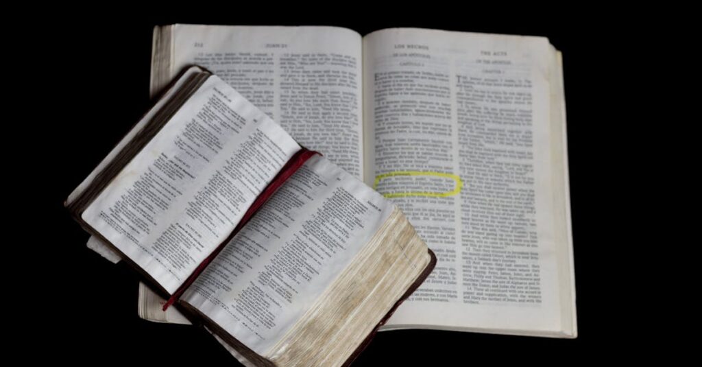 pexels-photo-7790776-7790776 An open Bible on top of another against a plain black background.