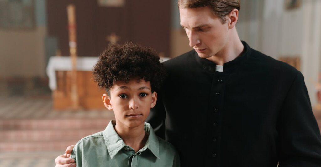A priest and child standing closely inside a church, conveying peace and comfort.