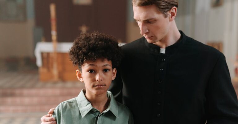 A priest and child standing closely inside a church, conveying peace and comfort.