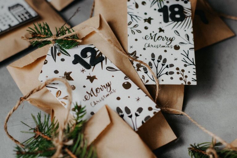 An elegant DIY Christmas advent calendar featuring paper bags and festive decorations.