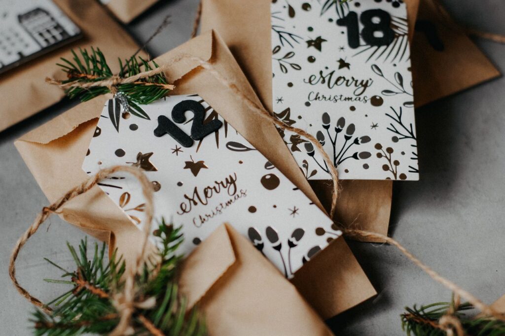 pexels-photo-19311995-19311995 An elegant DIY Christmas advent calendar featuring paper bags and festive decorations.