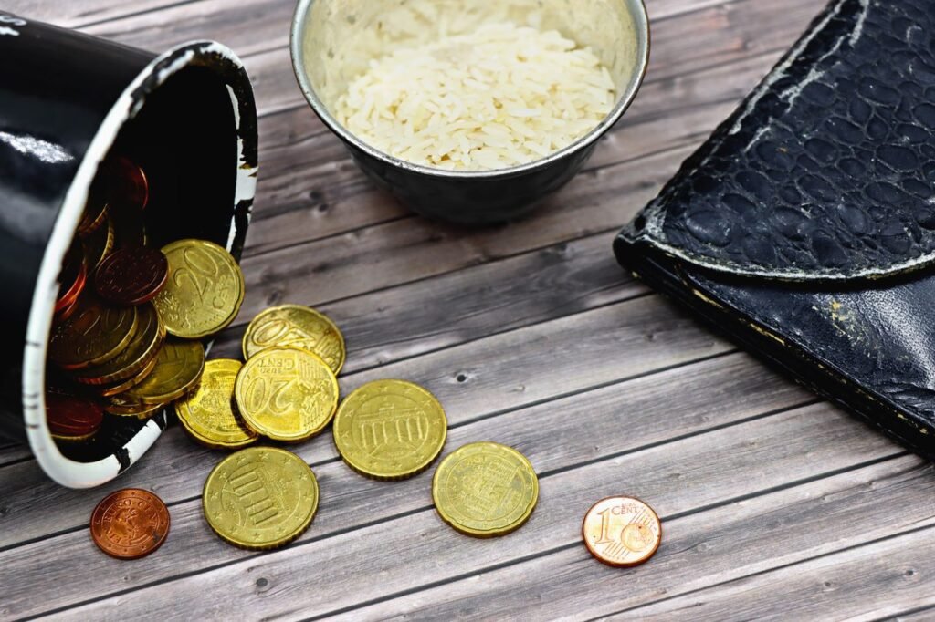 A compelling image capturing coins, a worn-out wallet, and rice, symbolizing economic hardship.