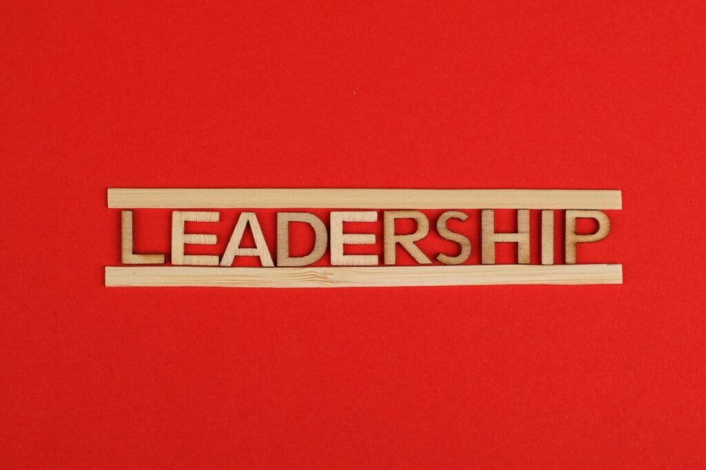 Wooden letters spelling leadership on a vibrant red background, conveying bold concepts.